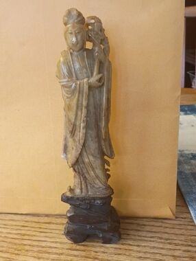 Antique-Style Chinese Carved Jade Or Soapstone Figurine in Tan Color, 8 Inches